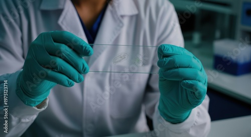 Scientist in lab coat holds a glass slide for microscopic analysis of samples