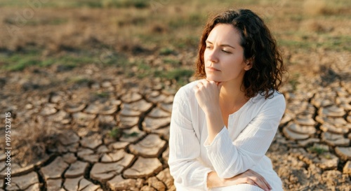 Woman sits in a cracked arid landscape, deep in thought about the future