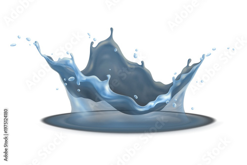 Φωτογραφία Blue liquid splash with droplets flying upwards and ripples on white surface tra