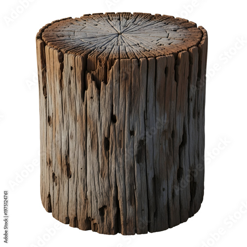 A rustic cylindrical piece of weathered tree trunk showing textured grain on transparent background