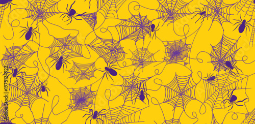 Halloween seamless patterns with spider webs, spiders for holiday backgrounds, decorative digital paper in repeating design, spooky texture for prints, wrapping, fabric, scrapbooking, seasonal crafts.