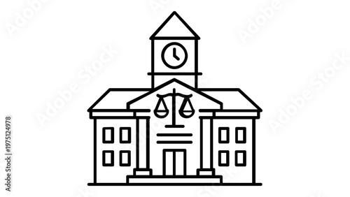 Courthouse line icon vector illustration featuring a minimalist legal building with scales of justice symbol, clock tower, and columns. Scalable flat design for law and government icons.