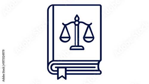 Minimalist vector icon illustration of a law book featuring the scales of justice symbol. Clean line art design perfect for legal services, judiciary, court, attorney, and justice concepts.