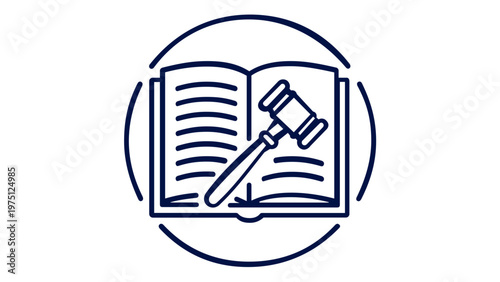 Legal justice vector icon illustration featuring a judge's gavel resting on an open law book, minimalist flat line art design for court, legislation, attorney, and judicial system concepts.