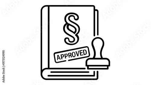 Law Book with Section Symbol and Approved Stamp Vector Icon Illustration, Representing Legal Justice, Legislation, Regulation, and Official Document Certification in a Minimalist Line Art Style.