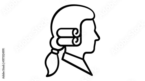 Minimalist vector icon illustration of a judge or barrister wearing a traditional legal wig in profile, representing law, justice, and the court system for legal services, advocacy, and trials.