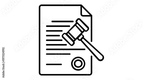 Legal Document and Judge's Gavel Vector Icon Illustration, Minimalist Line Art Representing Law, Justice, Court Proceedings, Legal Agreements, Contracts, and Judicial System Authority.