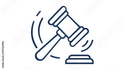 Minimalist vector icon illustration of a judge's gavel and sound block, representing law, justice, court proceedings, and legal authority in a clean flat line art style for business and web.
