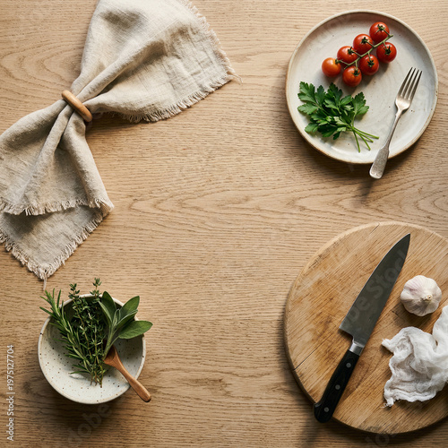 Neutral Cozy Kitchen Background, Minimal Flat Lay Mockup with Natural Light and Copy Space