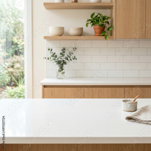 Neutral Cozy Kitchen Background, Minimal Flat Lay Mockup with Natural Light and Copy Space