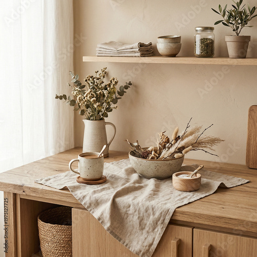 Neutral Cozy Kitchen Background, Minimal Flat Lay Mockup with Natural Light and Copy Space