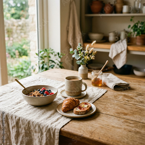 Neutral Cozy Kitchen Background, Minimal Flat Lay Mockup with Natural Light and Copy Space