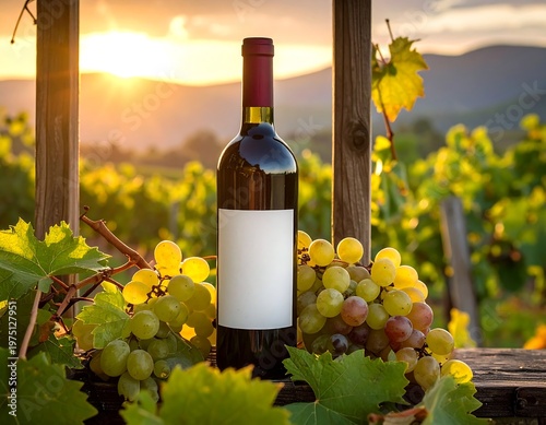 A wine bottle with a blank label stands amidst grapes and leaves, framed by wood. The setting sun bathes the vineyard