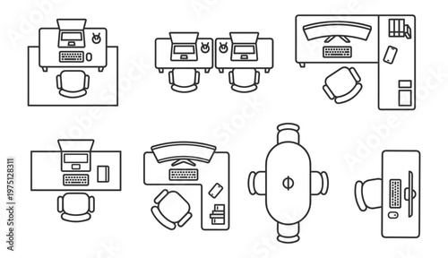 Canvas Print office desk top view line icons set with computers chairs and accessories on tra