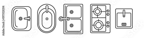 kitchen sink line icon set with different styles and designs on transparent background