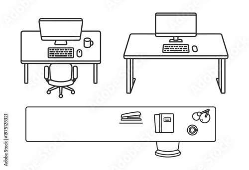 office desks with computer monitors chairs and office supplies line art illustration on transparent background