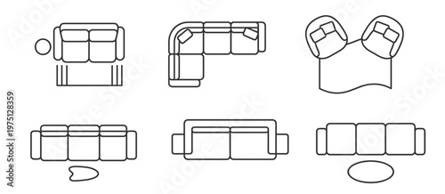 top view line icons of different types of sofa furniture including sectional sofa, loveseat, armchairs, and chaise lounge on transparent background