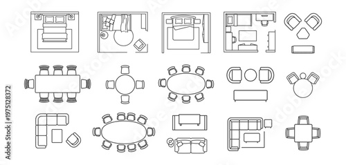 furniture layout icons collection including beds, tables, chairs, sofas, and office setups architectural floor plan symbols on transparent background