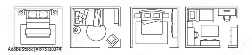 set of four bedroom floor plans with beds lamps rugs chairs tables and office furniture on transparent background