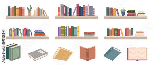 Colorful books arranged on wooden bookshelves with potted plants isolated on a white background