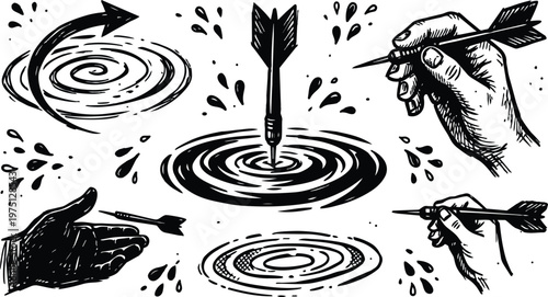 Hand drawn darts hitting concentric target with hands and ink splashes