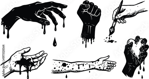 Dripping ink hands and fists holding heart brush and outstretched arm line art