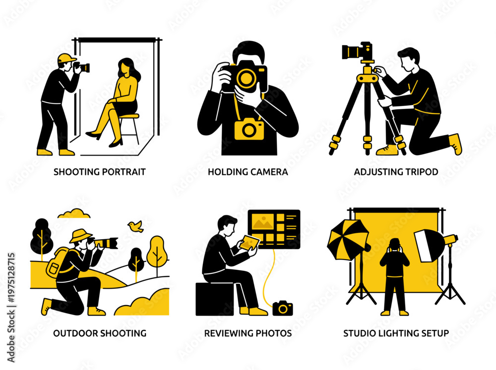Fototapeta premium Professional photography activity set, creative people using cameras in studio and outdoor environments.