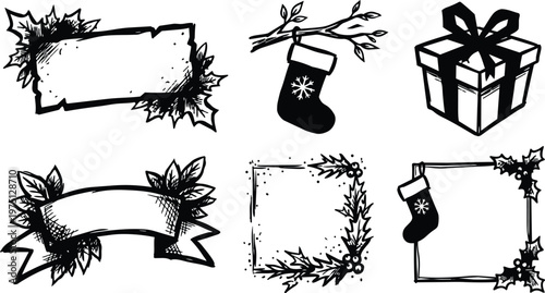 Black and white hand drawn holly frames stocking and gift for christmas vector set