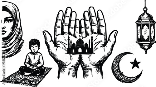 Vector line art mosque silhouette cradled in praying hands with boy on prayer rug and lantern ramadan