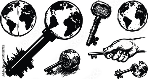 Black and white ink sketch of globe shaped keys with hand holding one key