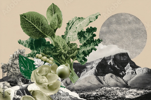 A collage of green leaves, a rose, mountain, and moon. Beautiful and peaceful landscape setting