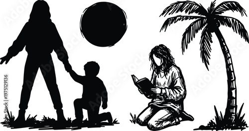 Black and white silhouette woman holding child hand with kneeling reader and palm tree