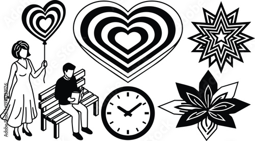 Black and white vector art concentric heart balloon held by woman and man reading on park bench