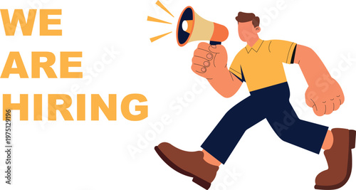 Man with megaphone announcing job vacancy for hiring concept