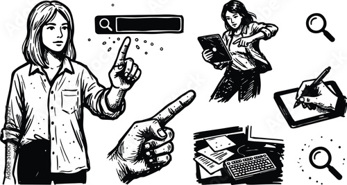 Black and white line art woman pointing at search bar with tablet keyboard and paperwork