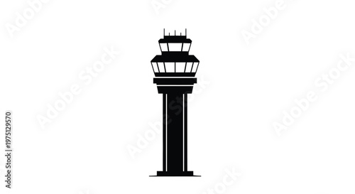 Black airport control tower icon against white background a simple silhouette design