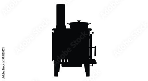 Black silhouette of a vintage russian samovar with a chimney and handles against white background