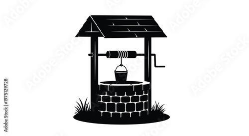 Traditional well structure with bucket and crank depicted in a striking black and white silhouette