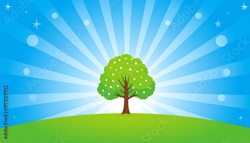 A vibrant, sunny illustration depicts a cartoon tree on a grassy hill. Rays of light burst from the center, set against a bright blue sky