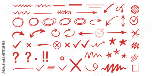 Collection of red scribble marks and hand drawn elements for annotations