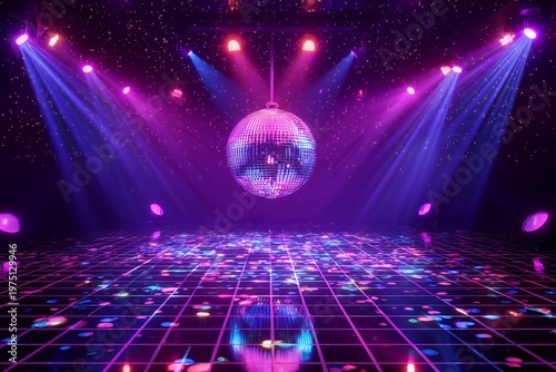 Shimmering mirror disco ball hanging over reflective checkered dance floor with purple neon spotlights, concept for nightclub event, retro party promotion and music entertainment advertising