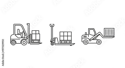 A set of industrial vehicles for transporting goods and materials in a warehouse or construction site