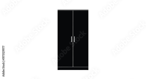 Tall black wardrobe with double doors and handles isolated on a white background silhouette