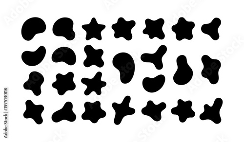 Organic blob shapes collection, 28 black abstract liquid elements, minimalist amoeba silhouettes for modern graphic design and branding