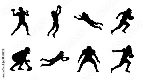 American football player silhouettes, 8 action poses of athletes in uniform, black vector icons of football players running and catching