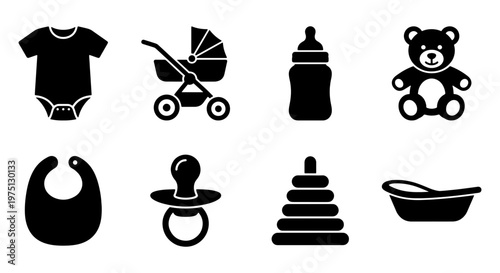 Baby care icon set with 8 black silhouettes, newborn nursery equipment icons, infant toys and clothing vector elements for parenting apps