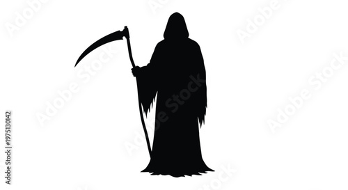 Dark figure with scythe against white background a striking and ominous silhouette