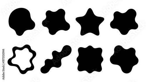 Abstract organic blob shapes, set of 8 black liquid silhouettes, fluid amoeba vector elements for modern graphic design and branding