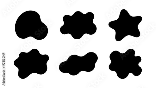 Abstract organic blob shapes set, black liquid splash silhouettes, 6 fluid amoeba vector elements for modern graphic design and branding
