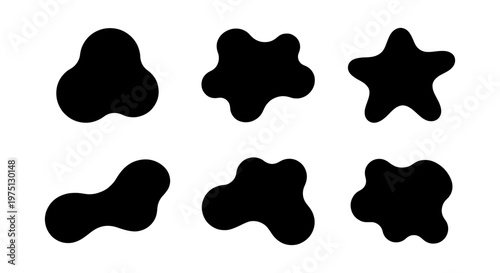 Organic liquid blob silhouettes, set of 6 abstract fluid shapes, black amoeba ink splat vector elements for modern graphic design